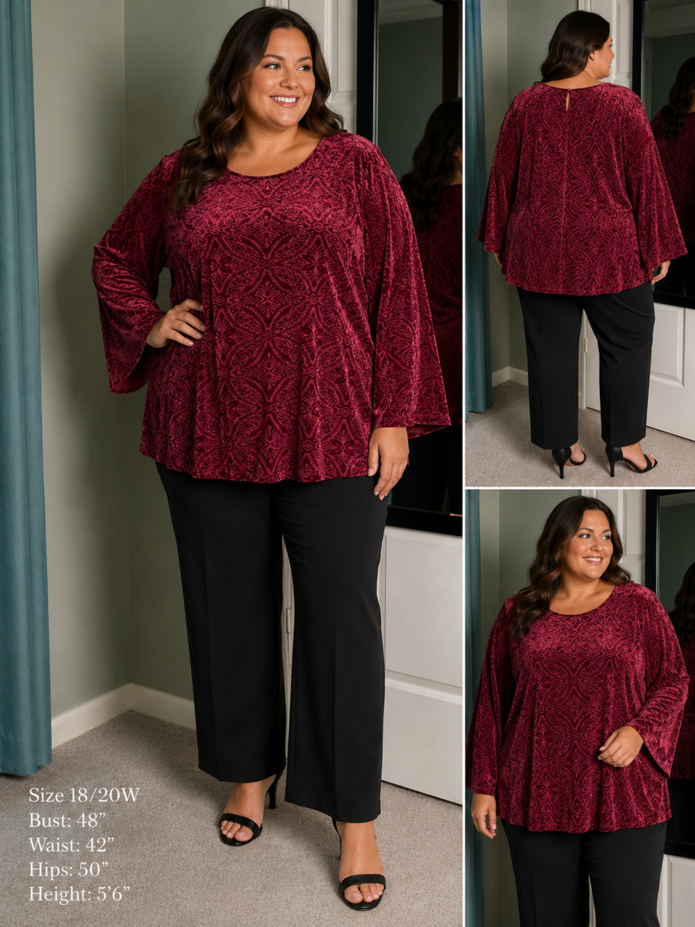 Cato Women's Textured Velvet Raspberry Bell Sleeve Top Size 18/20W